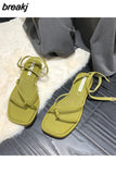 New Summer Women Sandals Fashion Square Toe Flat Heel Ankle Strap Shoes Narrow Band Casual Slides Green Sliver Female