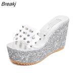 Women Sandals Rivets Transparent Peep Toe High Heels Sandals Fashion Ladies Glitter Platform Wedges Summer