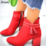 Red Tassel Ankle Shoes Women's Shoes Single Boots Autumn Winter Pointed Toe Thick With Short