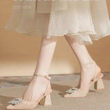 Strap Crystal Sandals for Women Pointed Toe High Heels Sandalias De Mujer Shiny Rhinestones Square Heeled