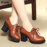 Women Pumps Shoes Genuine Leather Pointed Toe Lace-Up 8cm&5cm Thick High Heel Shallow Solid Casual Female Shoes Plus