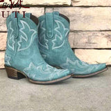Botas Mujer Faux Leather Cowboy Ankle Boots for Women Wedge High Heel Boots Snake Print Western Cowgirl Boots