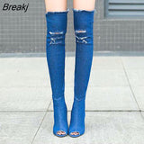 Autumn Women High Heels thigh high boots Female Shoes Hot Over The Knee Boots Peep Toe Cowboy Boots Denim shoes