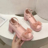 New Mary Jane Fashion Bow Buckle Women Shoes High Heels Chunky Dress Pumps Designer Goth Shallow Ladies Zapatillas