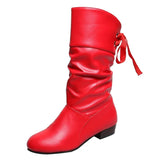 Size 35-43 Women Middle calf Boots Back Lace Up Low Heels Winter Shoes Black Botines White Botas Mujer Female Snow Boot