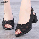 women's sandals black word buckle thick heel with hollow hollow soft bottom mom shoes summer new mesh shoes