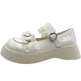 Sweet Lace Bowknot Lolita Shoes Women Heart Buckle Patent Leather Mary Janes Woman 2024 Round Toe Platform Flats