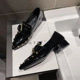 Spring New Women Pointed Toe Rivet Thick Heels Loafer Retro British Style Belt Buckle Slip on Chunky High Heels Women