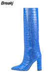 Women's Knee High Boots Tall Canister Sexy Women Boots Pointed Toe Chunky Heel Crocodile Print Women Boots High-heeled