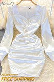 New Celebrity Sexy Square Neck Satin Dresses Long Sleeve Women White Hip Wrap Slim Pleated Mini Short Dress