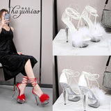 Women's Sandals 2023 Summer New Waterproof Platform Transparent Fur High Heels Cross Straps Thin Heel Pole Dance