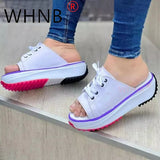 Women's Slippers 2023 Summer New Fashion Thick Bottom Cross Lace Black Dress Flat Slippers Canvas Casual Beach