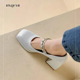 High Root Shoe Female 2023 Summer Retro Mary Jane Square Root Women's Shoes Color Matching Shallow Mouth Beaded High