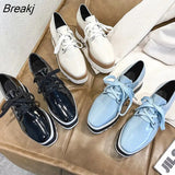 new Spring Casual Solid Flat Women Shoes Patent Leather Lace-Up Loafers Flat Platforms British Style Ladies