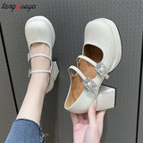 Crystal Buckle Women High Heels Mary Jane Shoes Chunky Sandals Spring New Women black Sexy Elegant Party dress