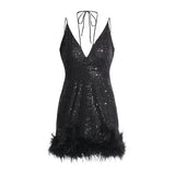 2025 Sexy Deep V-Neck Slid Strap Design Splicing Ostrich Hairy Sling Dress