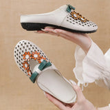 Summer New Flat Bottom Low Heel Women's Shoes National Wind Leather Flower Slippers Hollow Breathable Comfortable Hole Hole