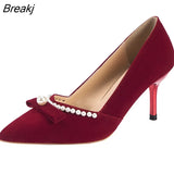 Red Velvet Pearls Pumps Woman Sexy Pointed Toe Thin High Heels Party Wedding Shoes Women Spring 2023 Zapatos