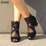 Woman Mesh Zip Sandals Sexy Lace Zip Peep Toe Summer Female Pumps Women's Square High Heel Fashion Shoes Ladies Plus Size