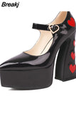 Pumps Round Toe Chunky Block Heel Ankle Strap With Heart 2023 Spring Brand New High Heels Mary Janes Women