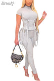 Women Moto Style Two 2 Piece Set Outfit Black Grey Corset Top + Bandage Skinny Legging Pants Suits Streetwear Fashion