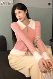 Winter Faux Fur Y2k Crop Tops Korean Fashion Knitted Sweater Zipper Design Long Sleeve Casual Pullover Female Slim