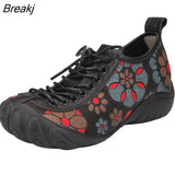 Genuine Leather Flats Women Shoes Print Lace-up Round Toe 2023 New Spring Concise Leisure Retro Handmade Ladies