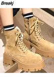 Fashion Boots Woman Boots-Women Round Toe Lace Up Flat Heel Punk 2023 Rock Ankle Autumn Ladies Med PU Lace-Up Basic