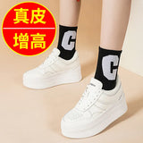 Cowhide Small White Shoes Women's Leather Strapped Thick-Soled Muffin Shoes Fashion Leisure Shoes Breathable Anti-Skid Shoes White