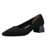 Women's Pointed High Heels Knit Breathable Comfortable Shallow Anti-skid Work Shoes Fashionable and Beautiful Square Heel