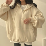 Women Hoodie Harajuku Loose Oversized Solid Color Top Half Zip Up Sweatshirt Female Casual Long Sleeve Pocket Hooded Coats