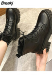 Sole Lace Up Combat Booties Female Platform Shoes Woman Women White Ankle Boots PU Leather Botas Mujer Chaussure