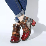 Vintage Splicing Printed Ankle Boots for Women Shoes Woman PU Leather Retro Block High Heels Zipper Women Boots Big