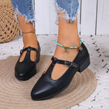New Spring Women Pumps Plus Size Black T-strap Pointed Toe Buckle Mary Jane Shoes Women Casual Leather Shoes Zapatos