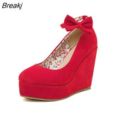 Women's High Heels Shoes Plus Size Platform Wedges Pumps for Woman Flock Buckle Bowtie Red Ankle Strap Wedding Shoes Round