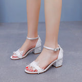 Breakj Cm Square Sandals Shallow Mouth With Coarse Sandals Horseshoes And White Lace Flowers Bride Wedding