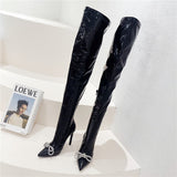 Crystal Long Boots Women Sexy Party Shoes Luxury Brand Women's Over-the-knee Boots Black High Heels Demonia