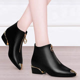 Women's Boots Fashion Metal Pointed Short Boots Autumn and Winter Women Leather Boots Elegant Thick Heel Women Ankle