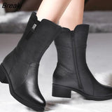 New Autumn Winter Mid-Calf Women Boots Med Heels Warm Plush Genuine Leather Boots High Quality Knee High