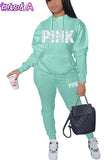 Hoodies Sporty Two Piece Set Women PINK Letter Print Sweatshirt And Skinny Pants Tracksuit Autumn Winter Casual