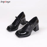 Thick High Heels Mary Jane Shoes Women 2023 Patent Leather Brown Shoes Woman Round Toe Chunky Heels Pumps