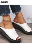 Ladies Leather Sole Slippers Women Sexy High Heel Mules Clogs Black Peep Toe Platform Mules Emal Slip on Sandals