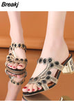 New 2023 Rhinestone Slippers Ladies Chunky Heels Hollow Casual Slippers Fashion Beach Shoes Woman Sandalias De