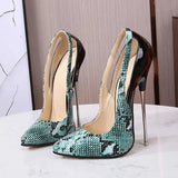 Snake Pattern Women Patchwork 16cm Extremely High Heels Plus Size 35-46 Pointed Toe Metal Stilettos Crossdressing