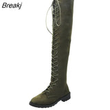Women's Boots Low Heels Flock Winter Over Knee Boots for Woman 2023 Lace Up Fashion Female Thigh High