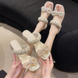New Fashion Summer Shoes Women Daily Party Club Pearls Beaded Rhinestone Bowknot Design Chunky Heel Sandals Sandalias