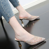 Mesh Slippers Women New Summer Shoes Women Fashion Pointed Slides Spike Heels Beige Mules Shoes High Heels