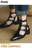 Women Shoes Summer Chunky Heel Sandals Pointed Toe Buckle Strap High Shoes Casual Black Fashion Ladies Hollow Ankle