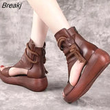 Ladies Sandals Hollow-Out Gladiator Shoes Women Flats Open Toe Leather Platform Summer Cool Boots Rome Style Zipper