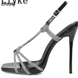 Sexy Golden Crystal Back Buckle Strap Sandals Women Summer Party Nightclub Stripper Heels Glitter Rhinestones Ladies